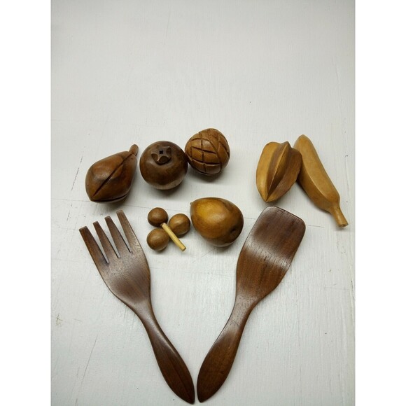 Unbranded Other - MCM Wooden Fruit Lot Of 6 Vintage Carved Retro Boho Centerpiece and Wooden Servi